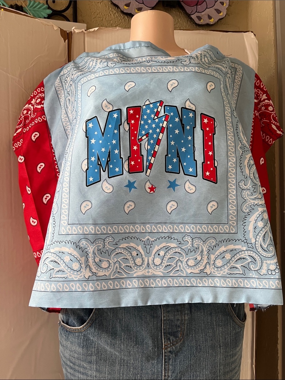 MINT Blue Bandana Graphic Top with Patriotic Lettering. Pit to pit is 60”. L 20”